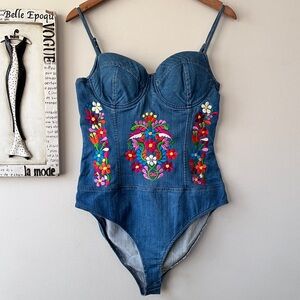 Haute Monde Denim Fairycore Embroidered Bustier Bodysuit Size L
